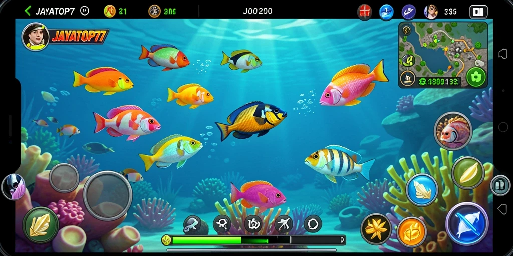 Gameplay seru JAYATOP77 dengan aksi menangkap ikan.