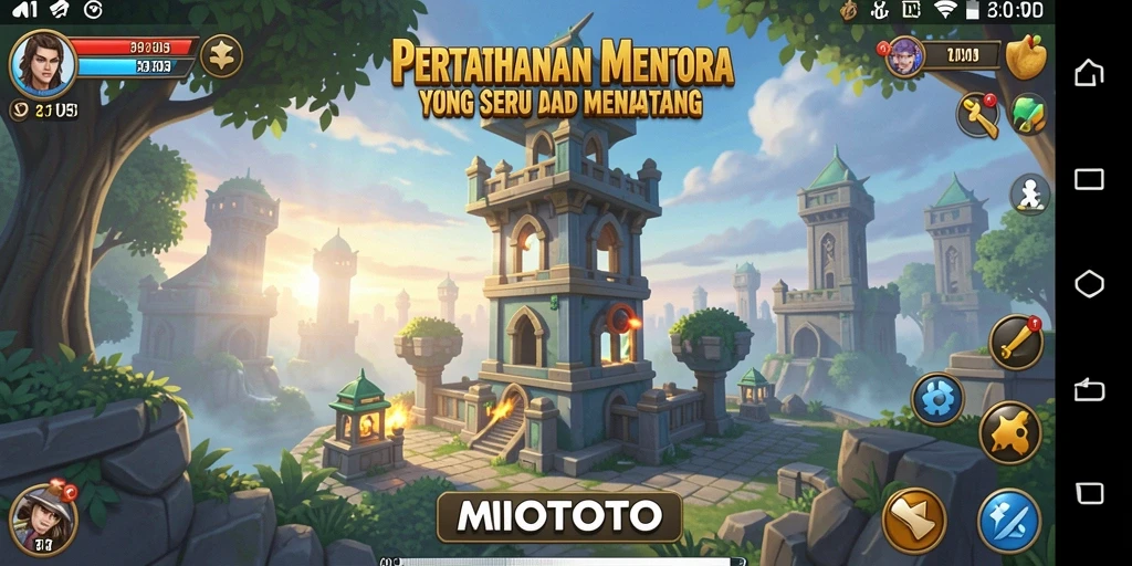 Tampilan gameplay MIOTOTO menampilkan strategi pertahanan menara yang seru.