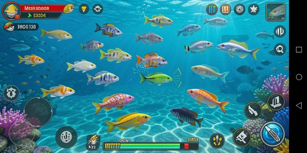 Screenshot menampilkan gameplay seru di N32 dengan banyak ikan untuk ditangkap.