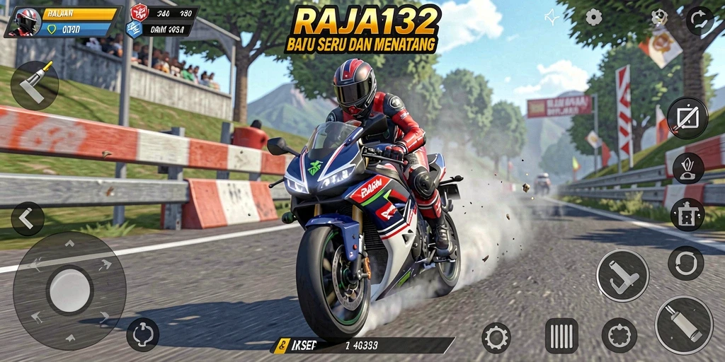 Screenshot gameplay RAJA132 menampilkan balapan motor yang seru di lintasan yang menantang.