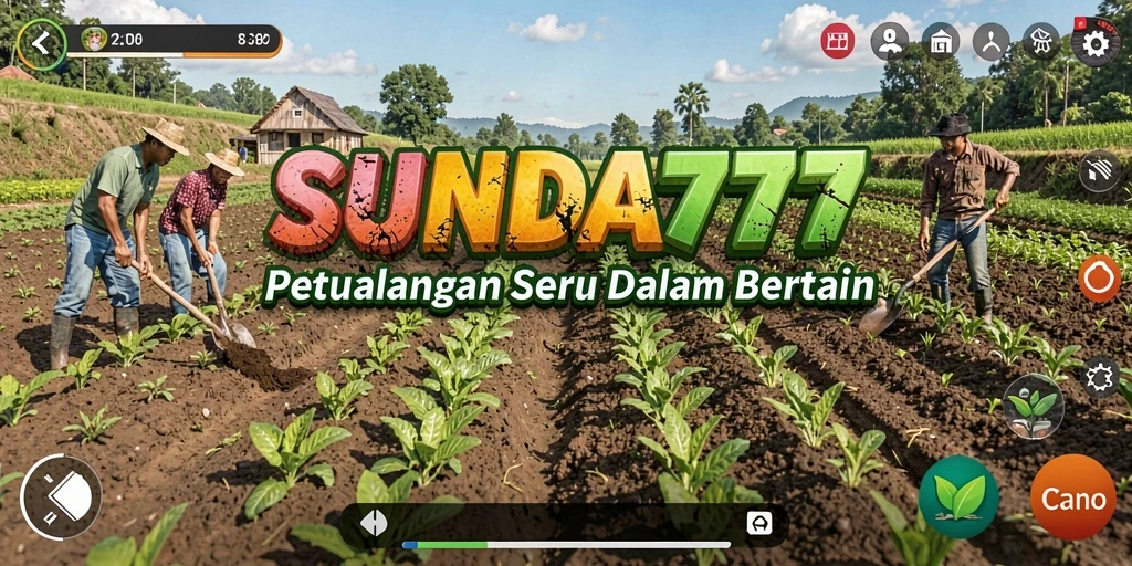 Screenshot SUNDA777 menampilkan kebun yang subur dan aktivitas bertani.